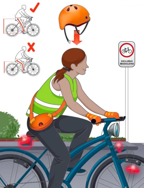 Ilustración de una mujer sobre una bicicleta, con chaleco y casco, mostrando el buen uso en movilización urbana alternativa. www.duduromeroa.com, Guayaquil, Ecuador