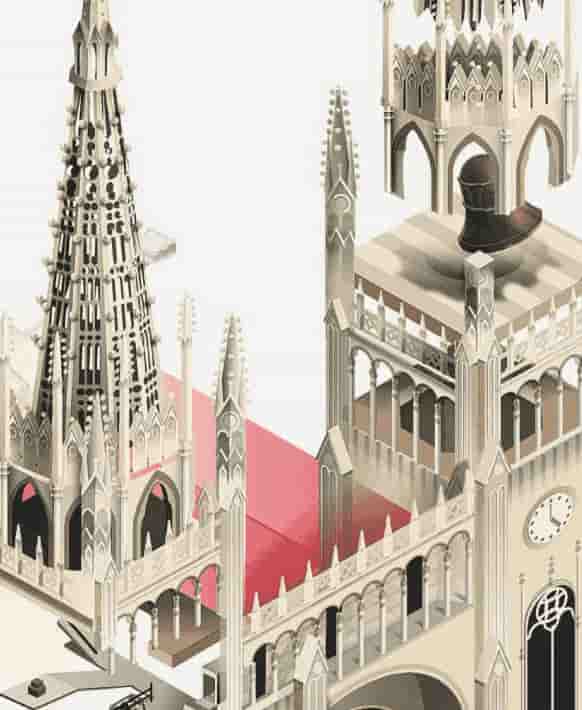 Gráfico a color, ilustración infográfica mostrando el detalle de la Catedral de Guayaquil, elaborado por Eduardo J. Romero Andrade, Guayaquil, Ecuador.